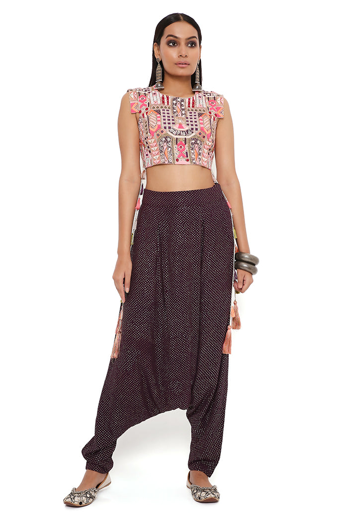 Grey Georgette Embroidered Crop Top With Purple Mukaish Georgette Low Crotch Pant