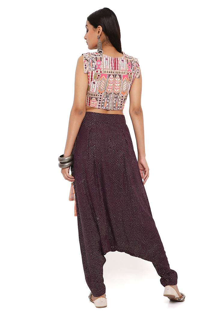 Grey Georgette Embroidered Crop Top With Purple Mukaish Georgette Low Crotch Pant