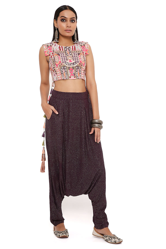Grey Georgette Embroidered Crop Top With Purple Mukaish Georgette Low Crotch Pant