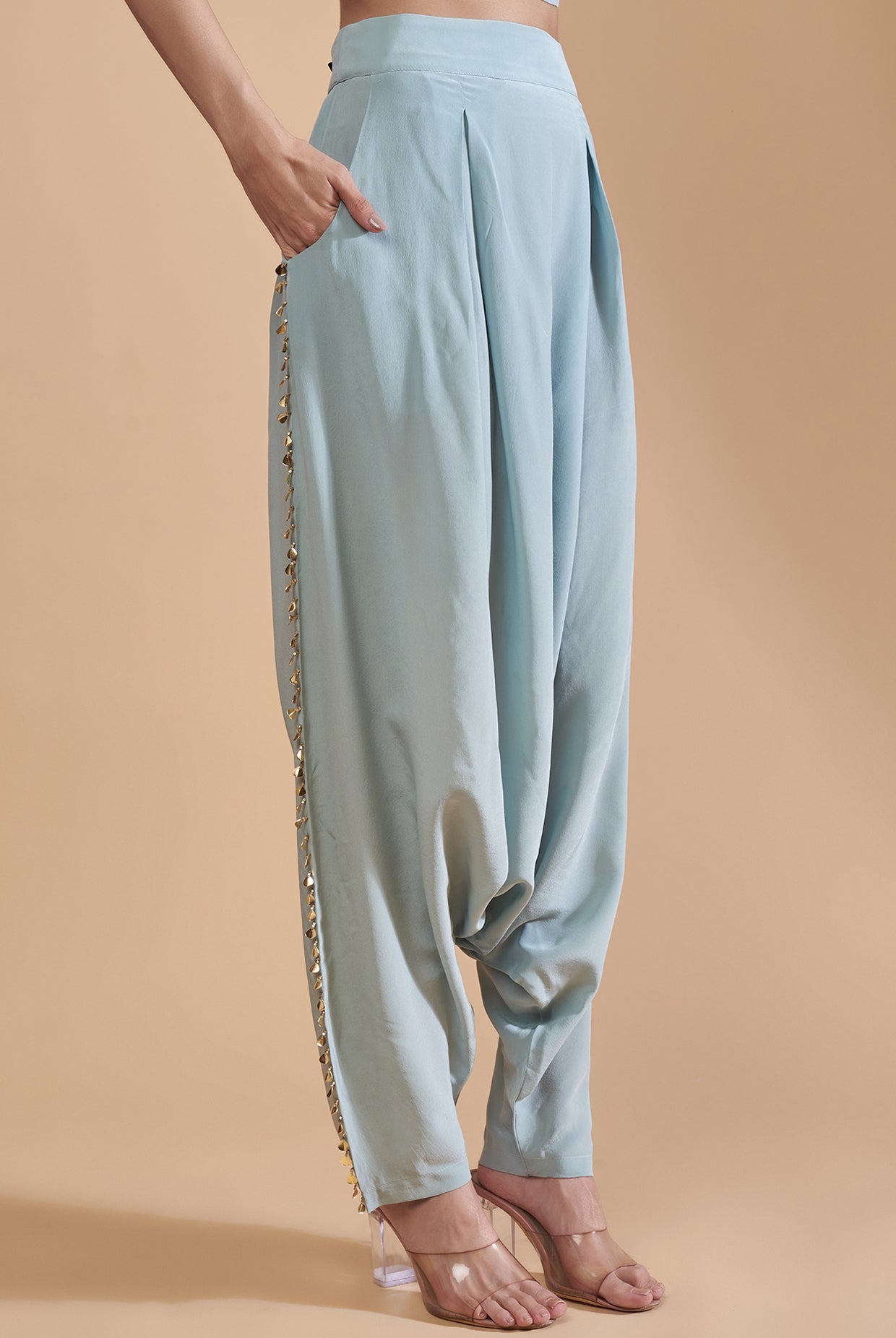 Powder Blue Crepe Embroidered Off Shoulder Top With Low Crotch Pant