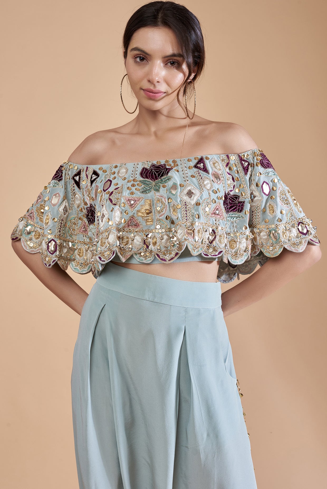 Powder Blue Crepe Embroidered Off Shoulder Top With Low Crotch Pant