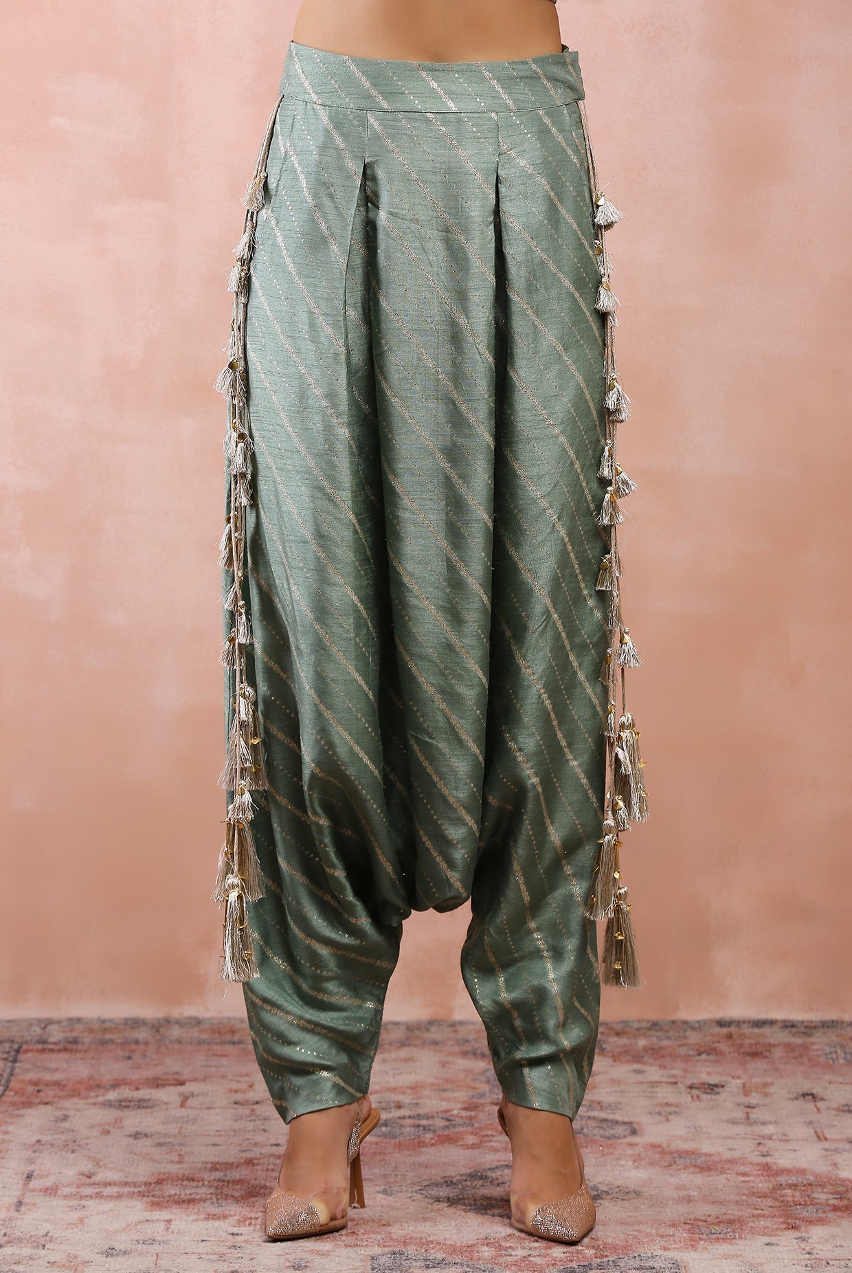 Sage Green Embroidered Corset Top With Lowcrotch Pant