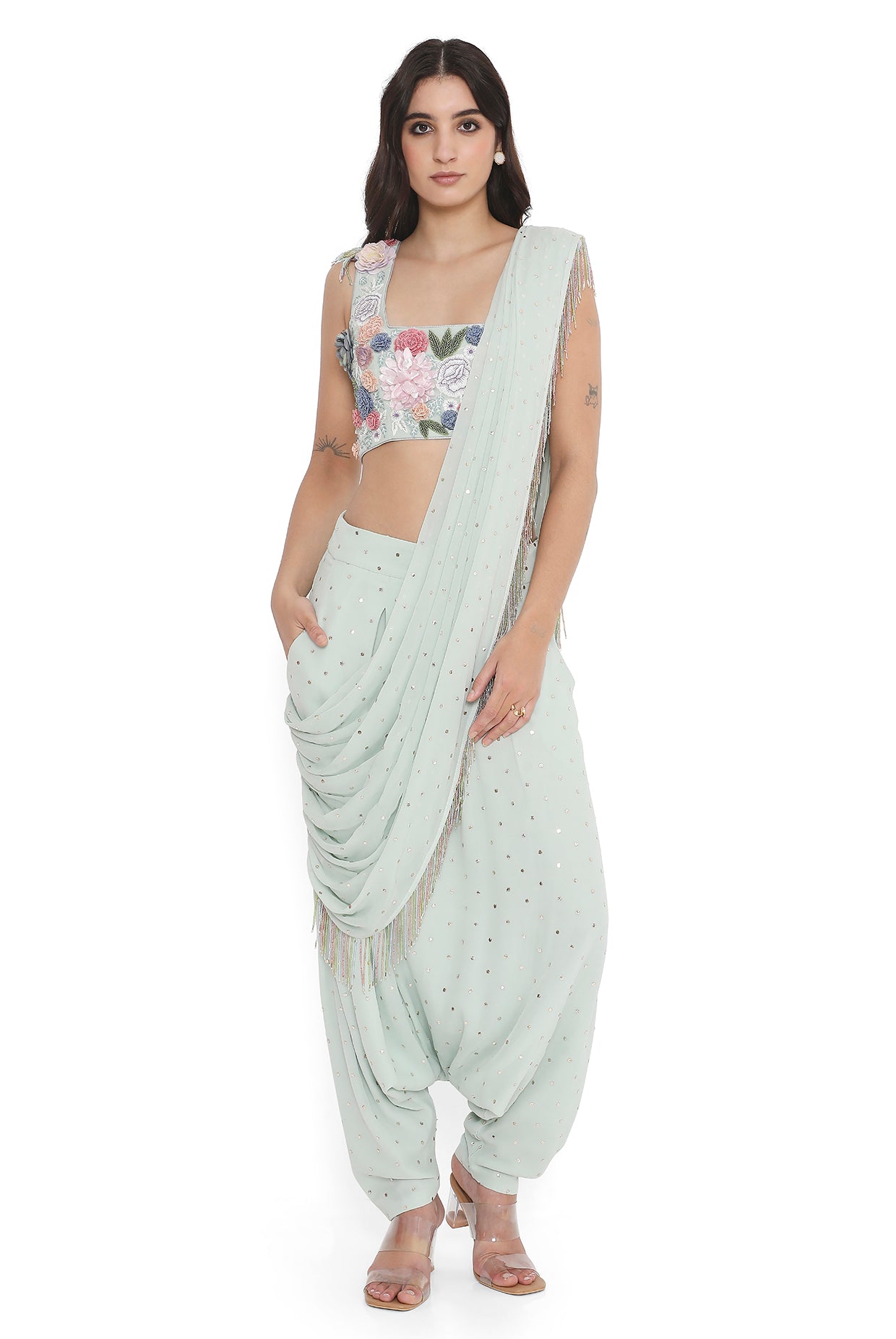 Sea Foam Embroidered Choli With Low Crotch Dhoti Drape