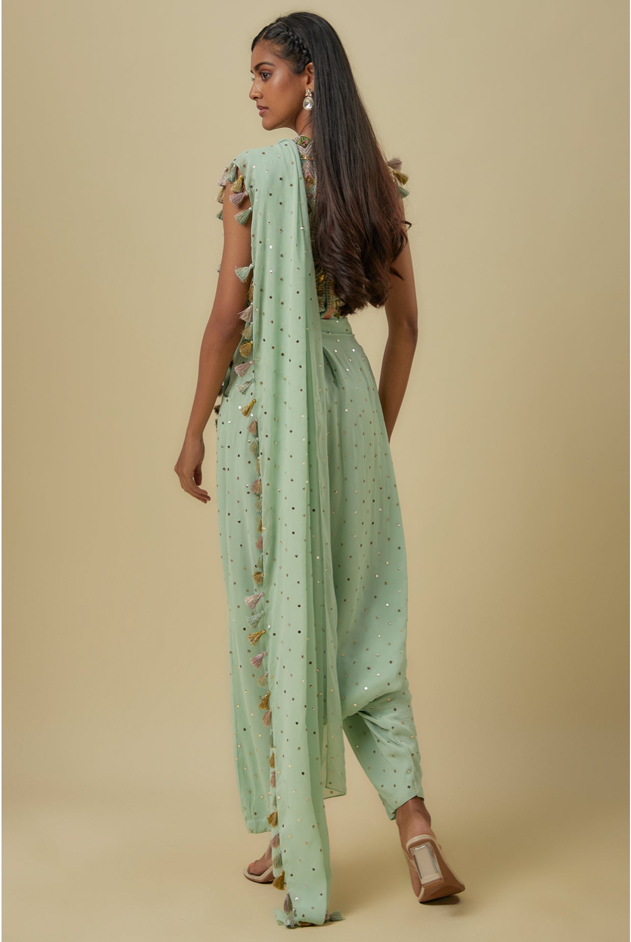 Mint Embroidered Georgette Choli With Heavy Mukaish Georgette Dhoti Saree.