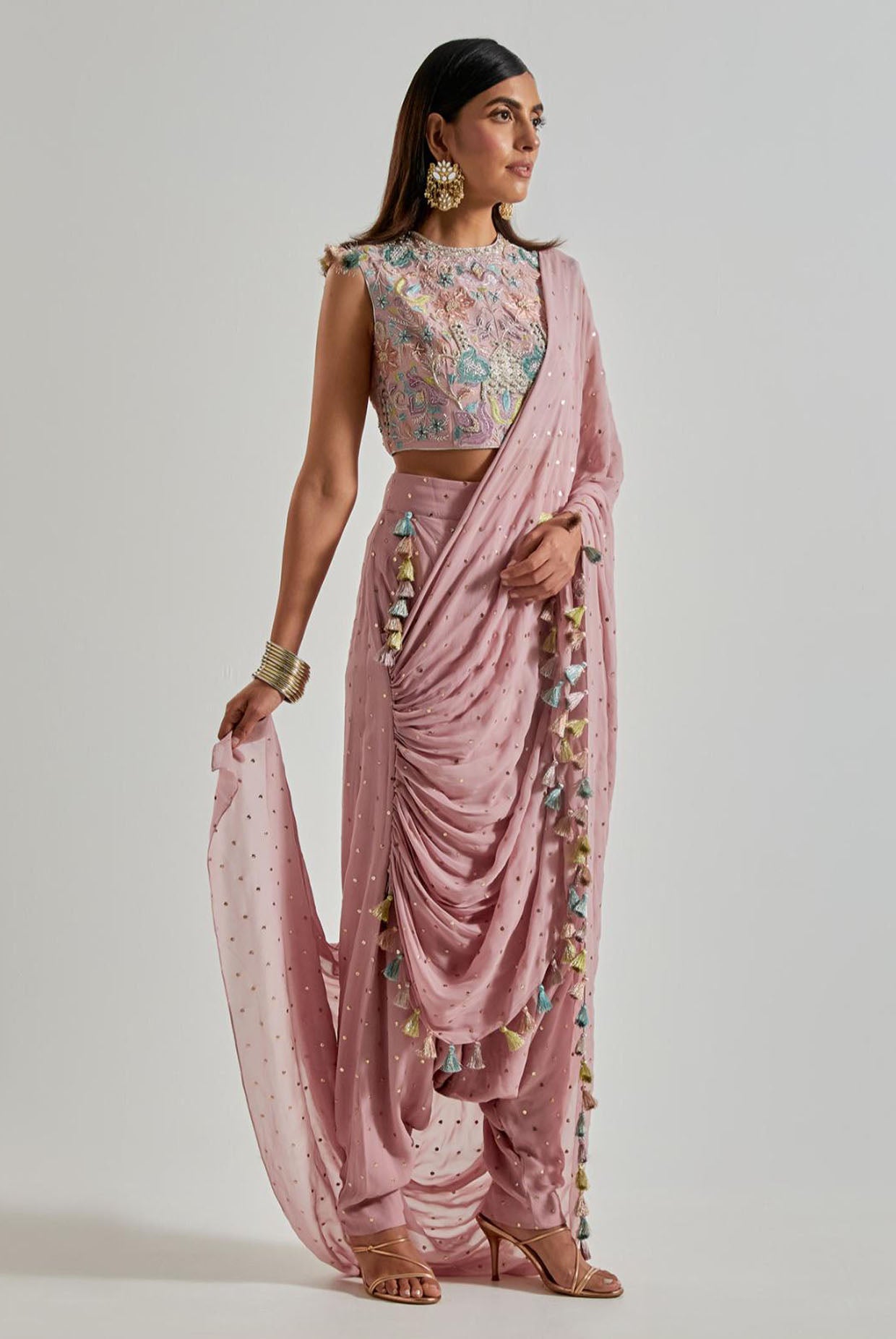 Lilac Choli with Mukaish Low Crotch Pants & Drape