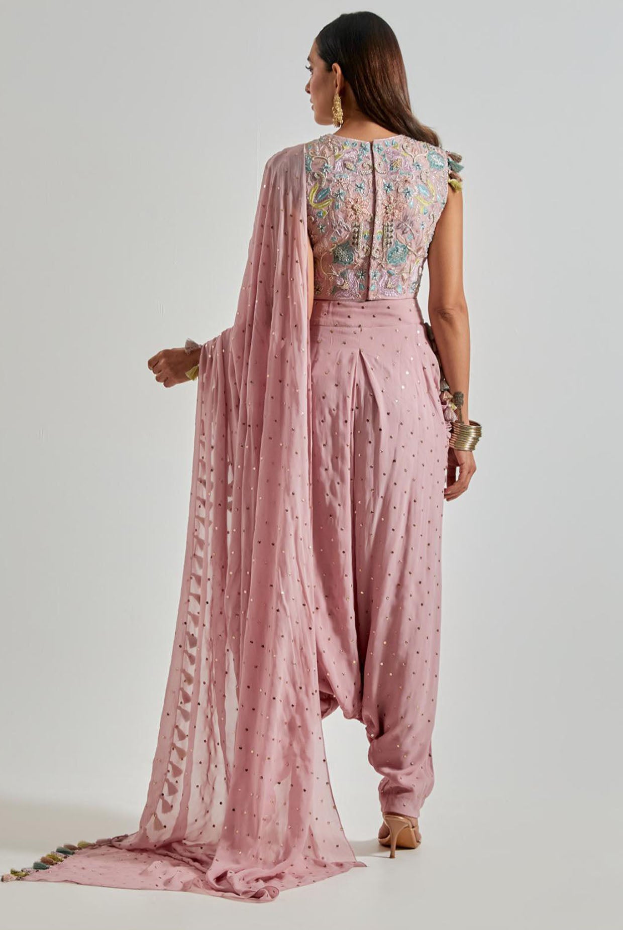 Lilac Choli with Mukaish Low Crotch Pants & Drape