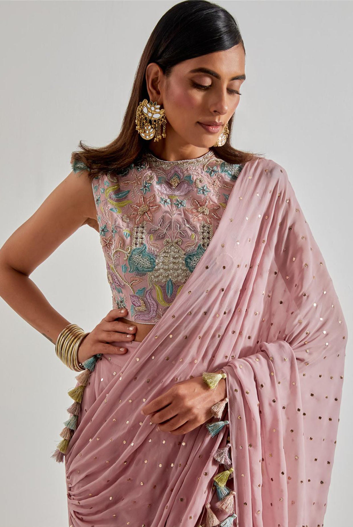 Lilac Choli with Mukaish Low Crotch Pants & Drape