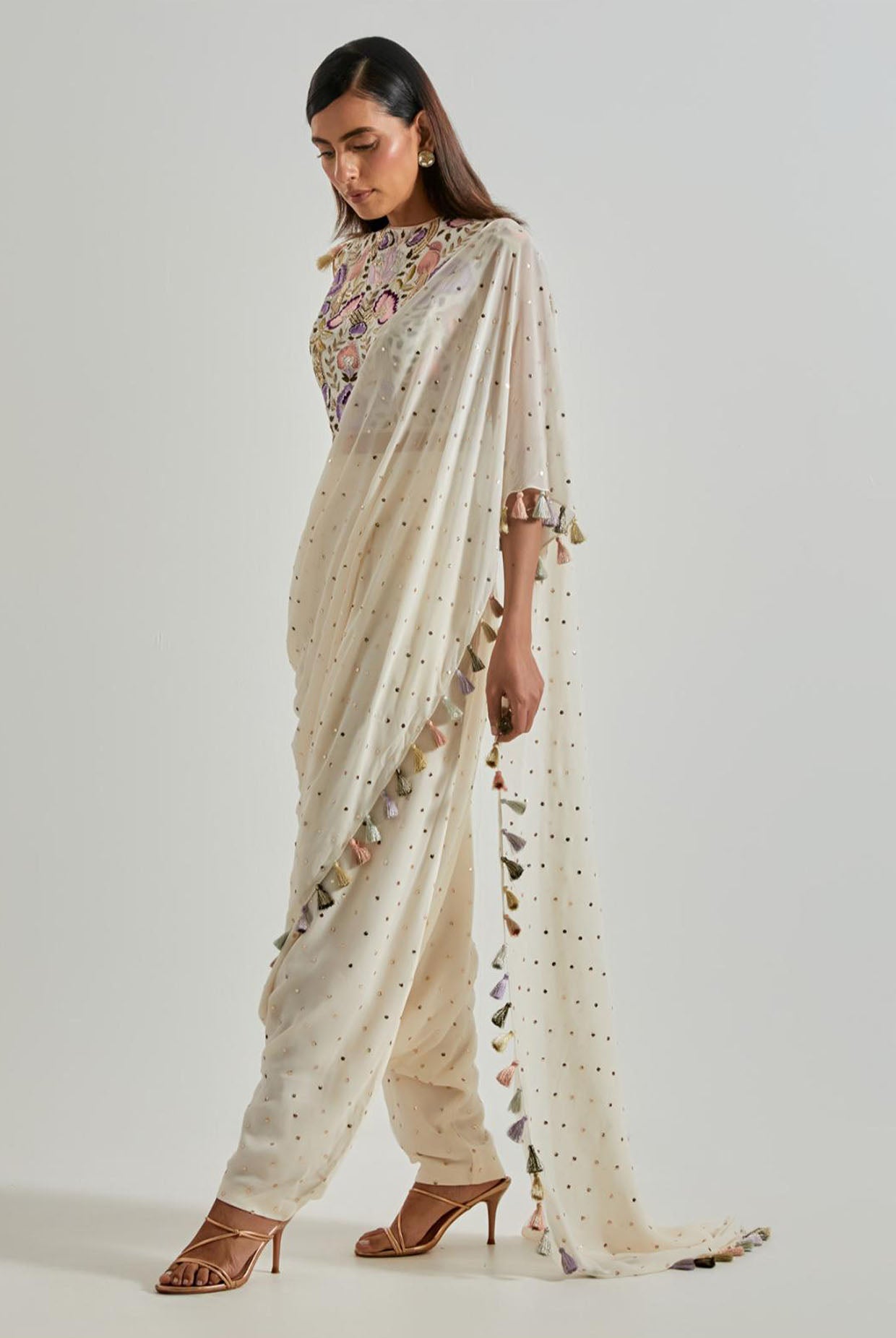 Off-White Choli with Drape & Low-Crotch Pants