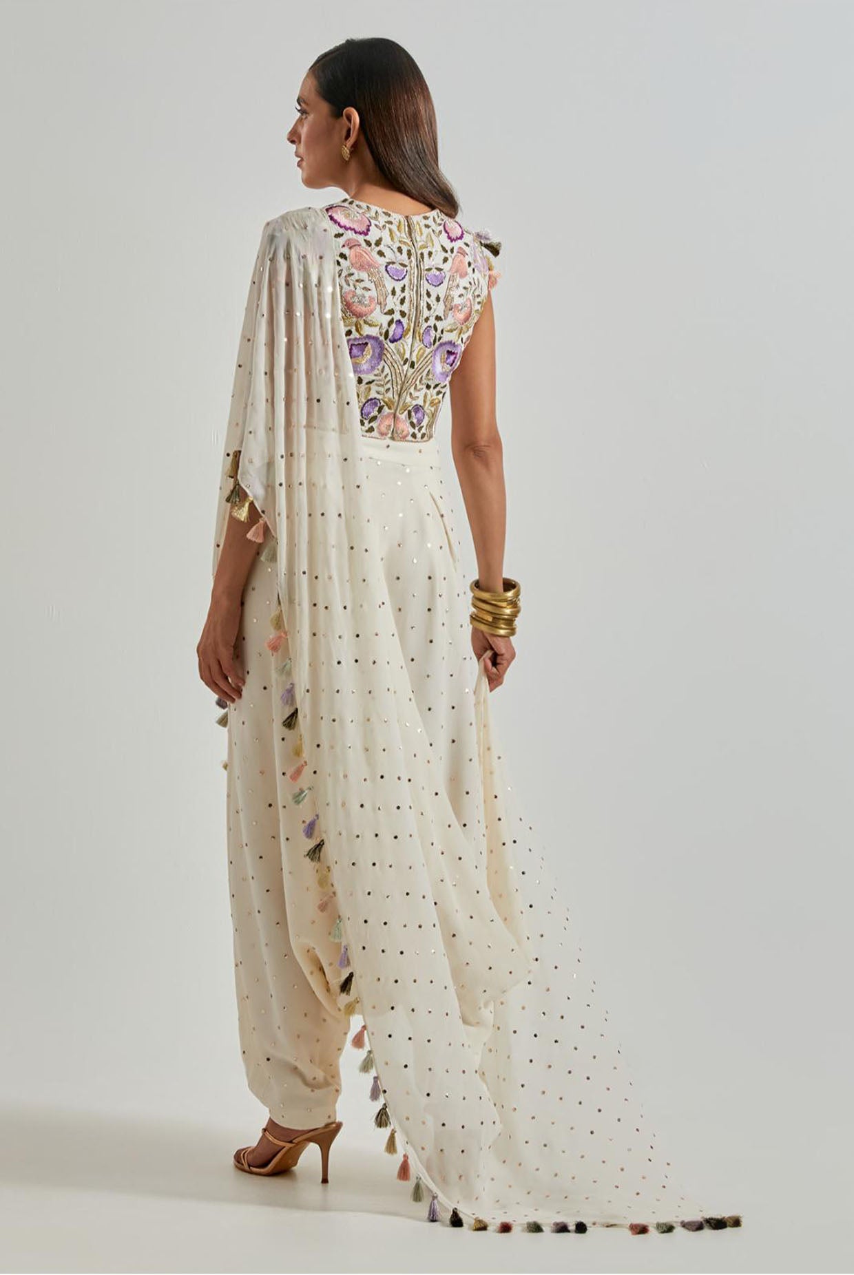 Off-White Choli with Drape & Low-Crotch Pants