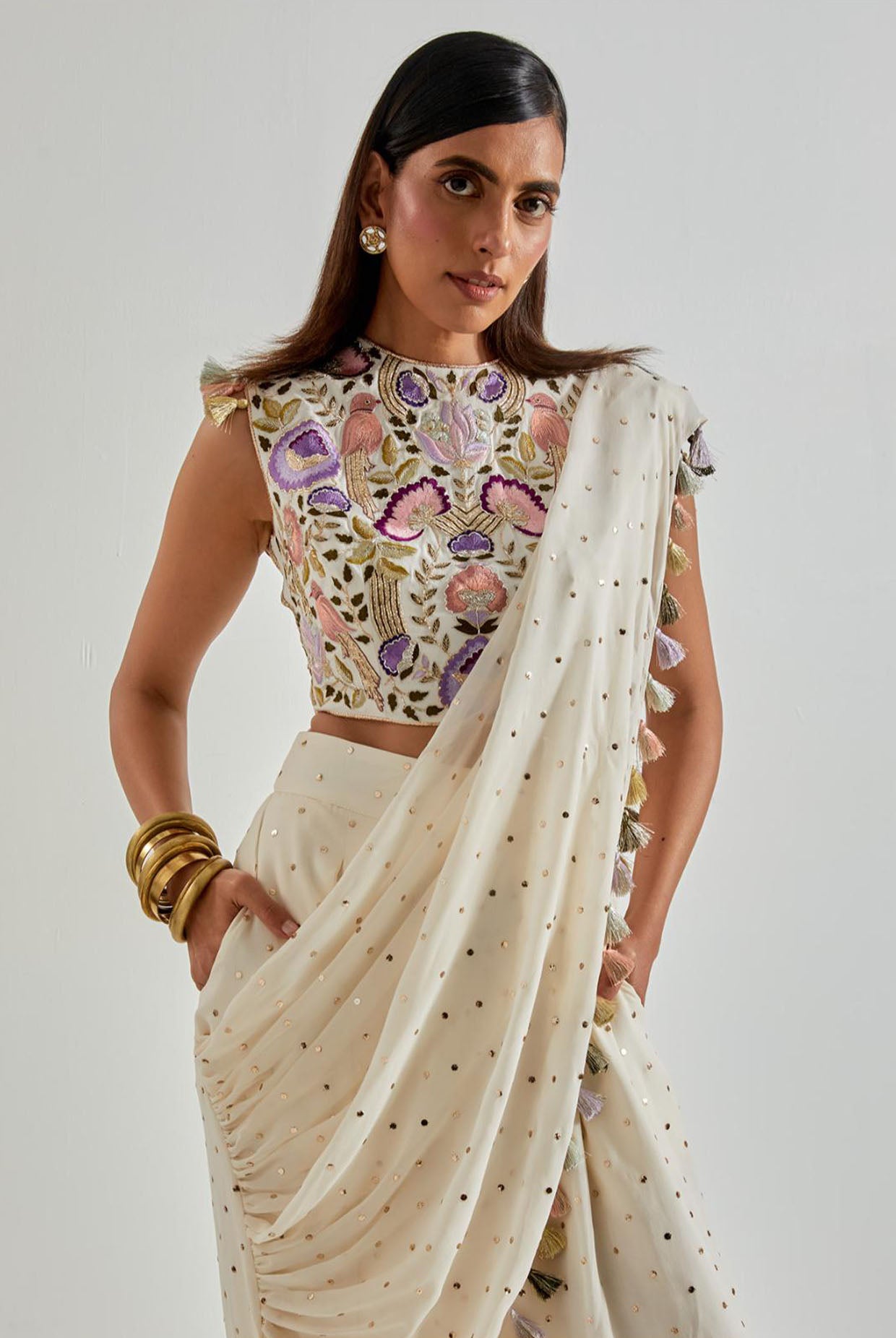 Off-White Choli with Drape & Low-Crotch Pants