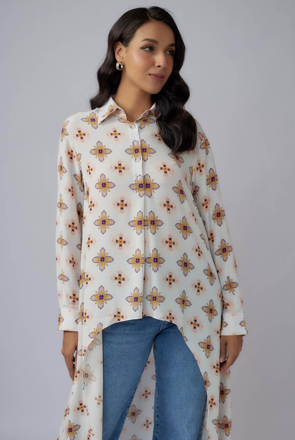 Ivory Printed Crepe High Low Tunic