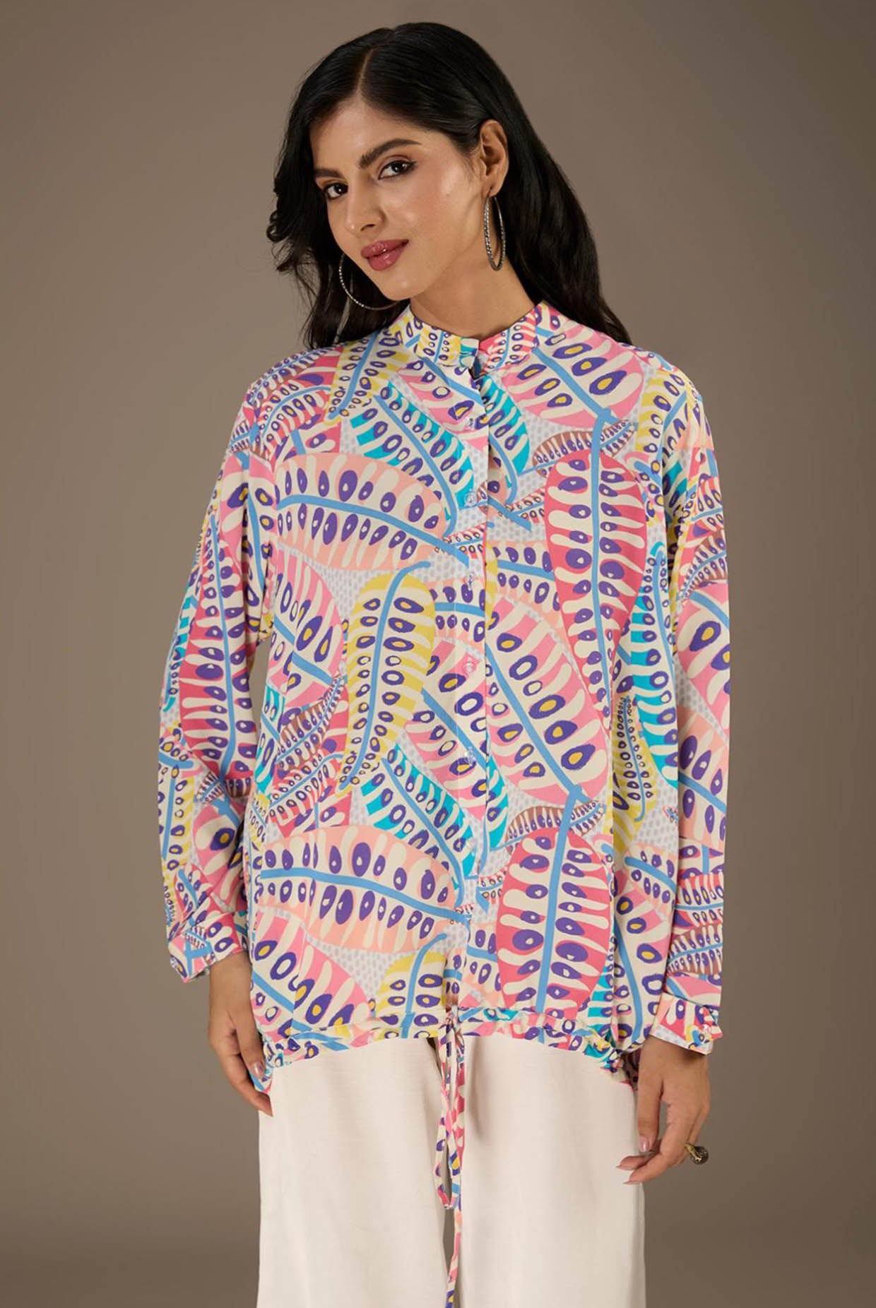 Blue Printed Crepe Top With Waist Tie Up