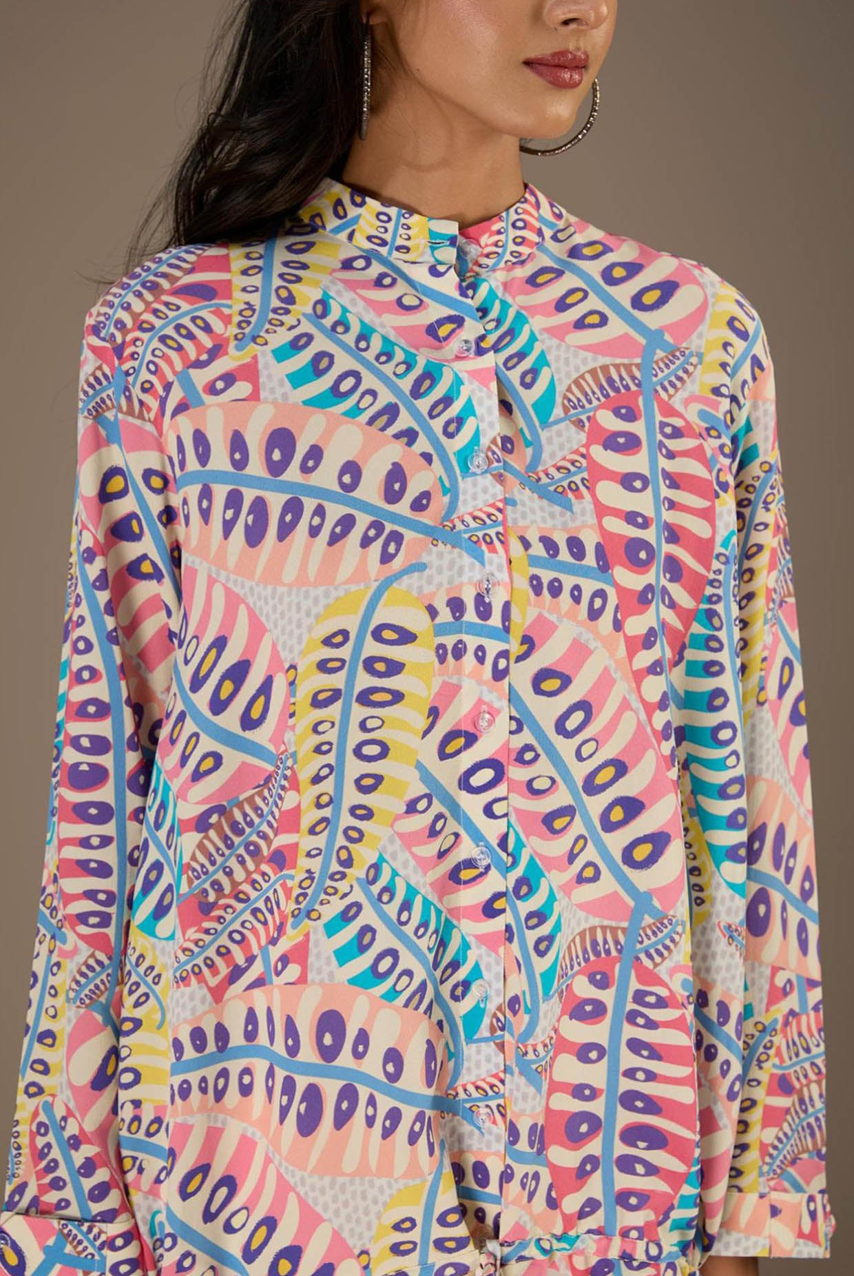 Blue Printed Crepe Top With Waist Tie Up