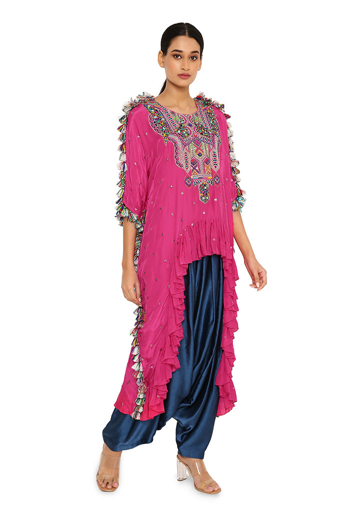 Asta Hot Pink Colour Silk Embroidered High-Low Kaftan With Midnight Blue Colour Salwaar