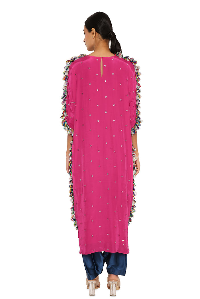 Asta Hot Pink Colour Silk Embroidered High-Low Kaftan With Midnight Blue Colour Salwaar