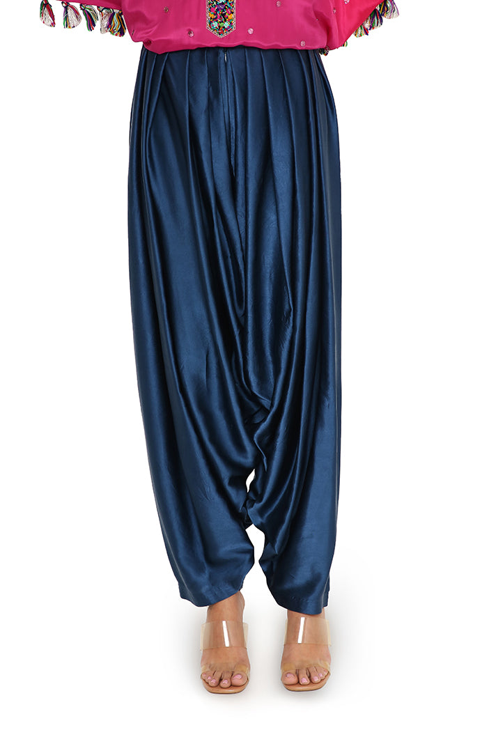 Asta Hot Pink Colour Silk Embroidered High-Low Kaftan With Midnight Blue Colour Salwaar