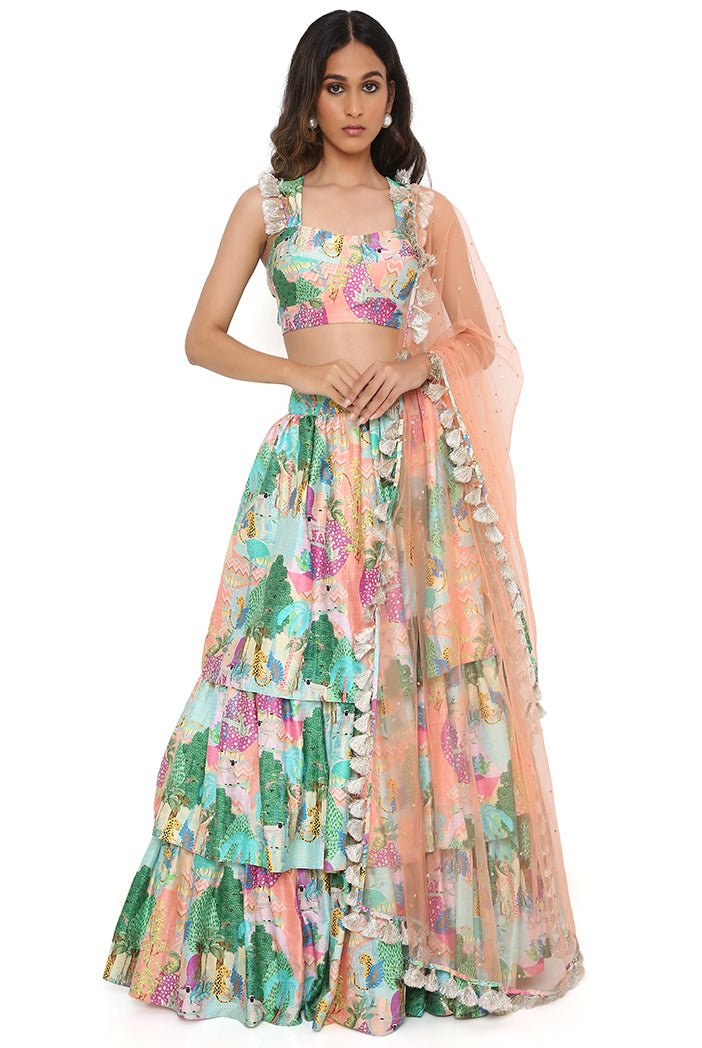Peach Kuno Print Dupion Silk Bustier And Ruffle Skirt And Peach Net Dupatta