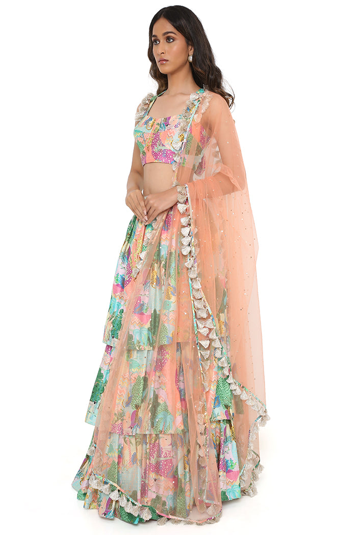 Peach Kuno Print Dupion Silk Bustier And Ruffle Skirt And Peach Net Dupatta