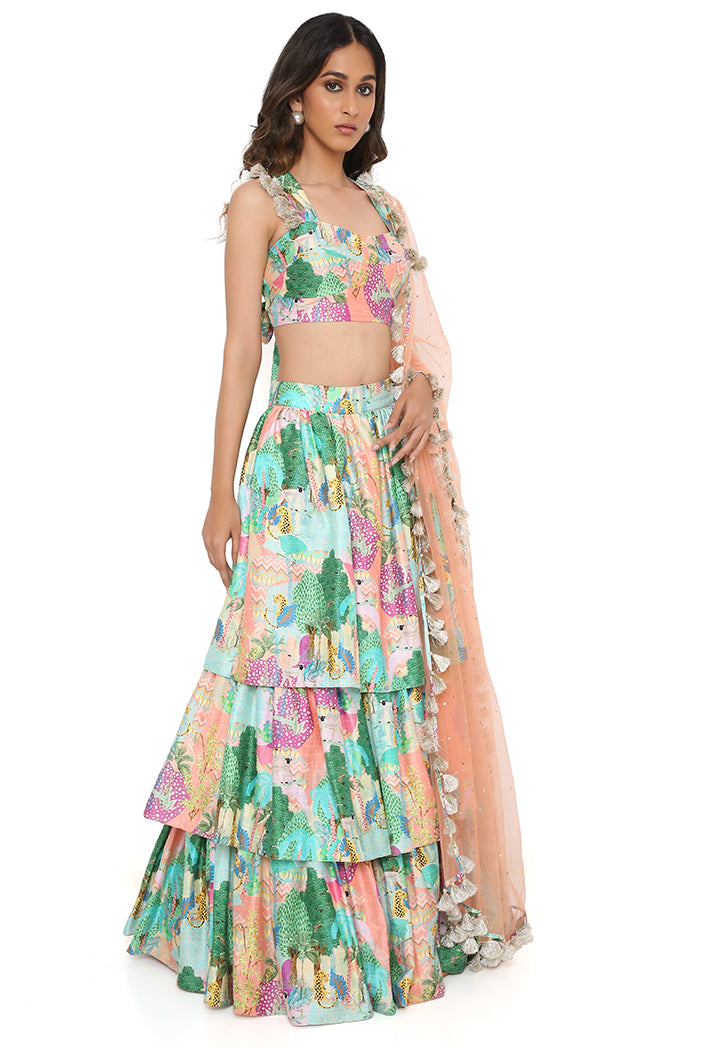 Peach Kuno Print Dupion Silk Bustier And Ruffle Skirt And Peach Net Dupatta
