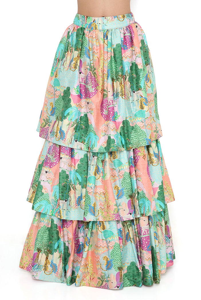 Peach Kuno Print Dupion Silk Bustier And Ruffle Skirt And Peach Net Dupatta
