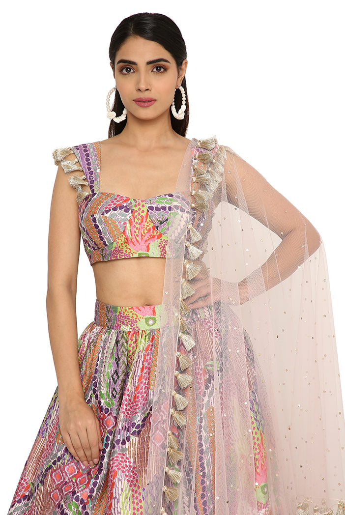 Zoha African Print Dupion Silk Bustier And Ruffled Skirt With Baby Pink Net Dupatta