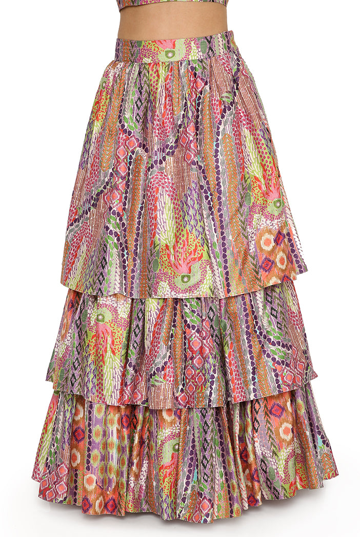 Zoha African Print Dupion Silk Bustier And Ruffled Skirt With Baby Pink Net Dupatta