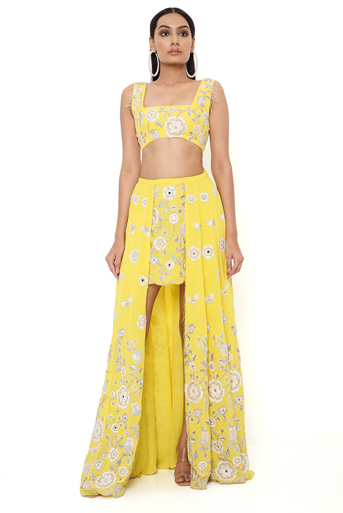 Sarah Yellow Georgette Embroidered Top And Skirt With Mukaish Net Dupatta