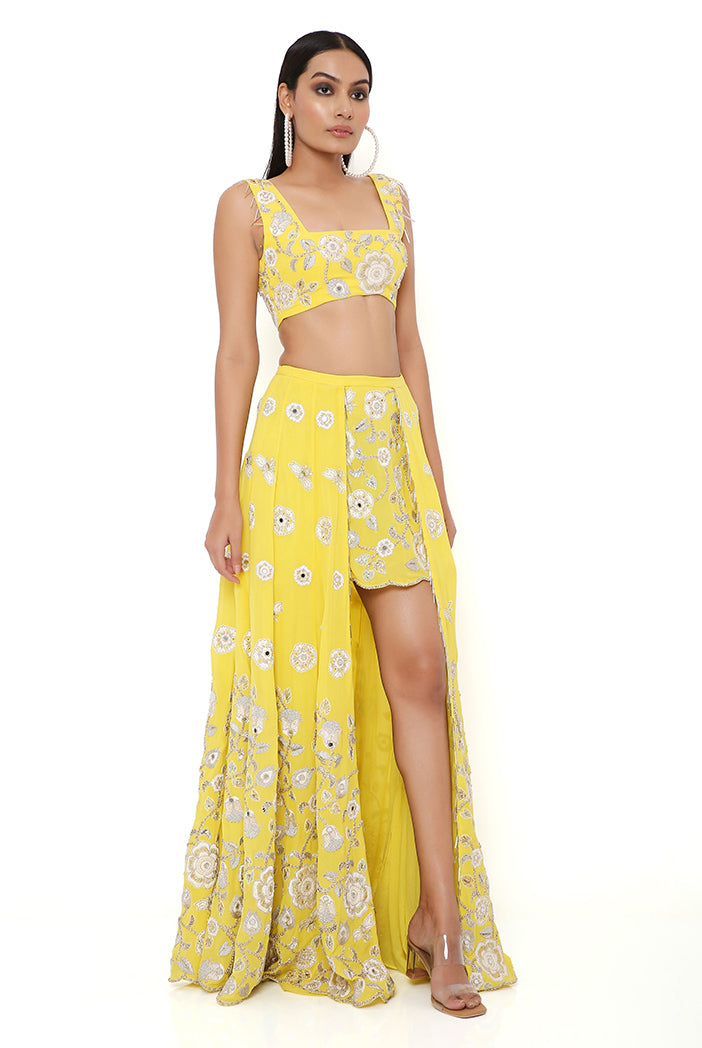 Sarah Yellow Georgette Embroidered Top And Skirt With Mukaish Net Dupatta