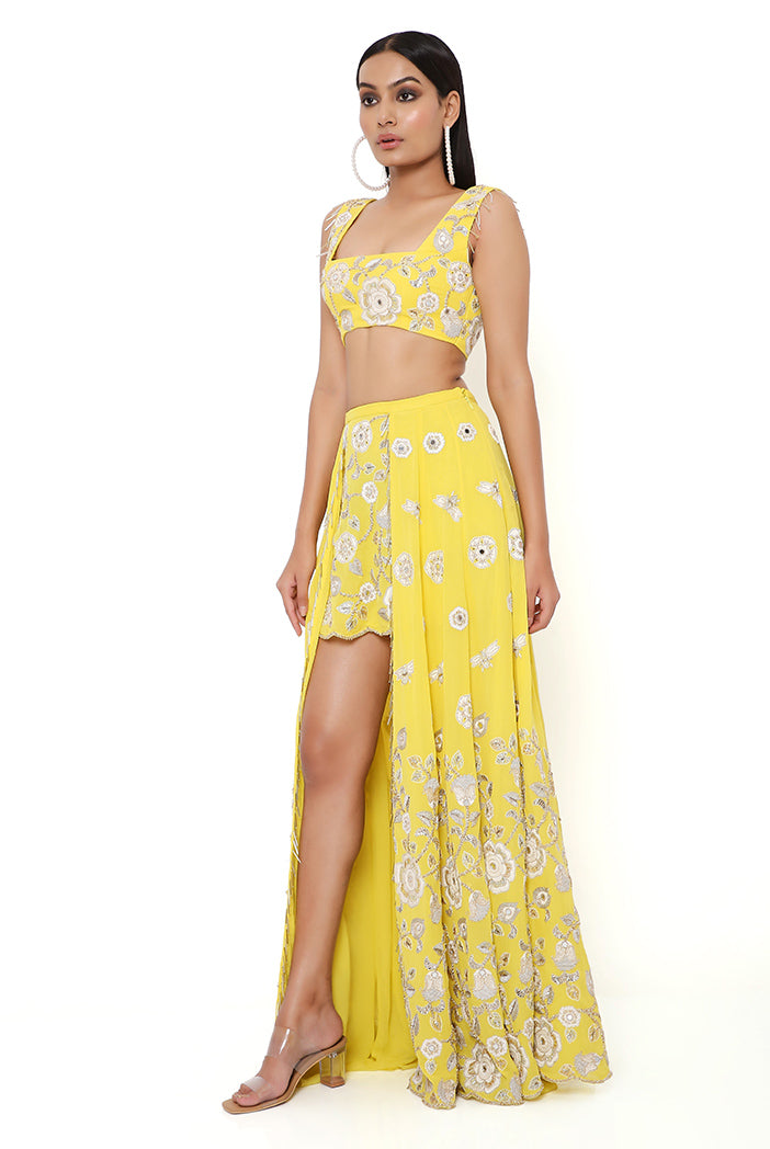Sarah Yellow Georgette Embroidered Top And Skirt With Mukaish Net Dupatta