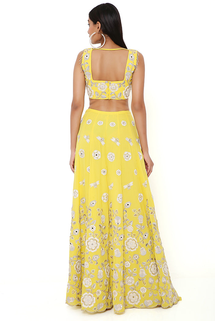 Sarah Yellow Georgette Embroidered Top And Skirt With Mukaish Net Dupatta