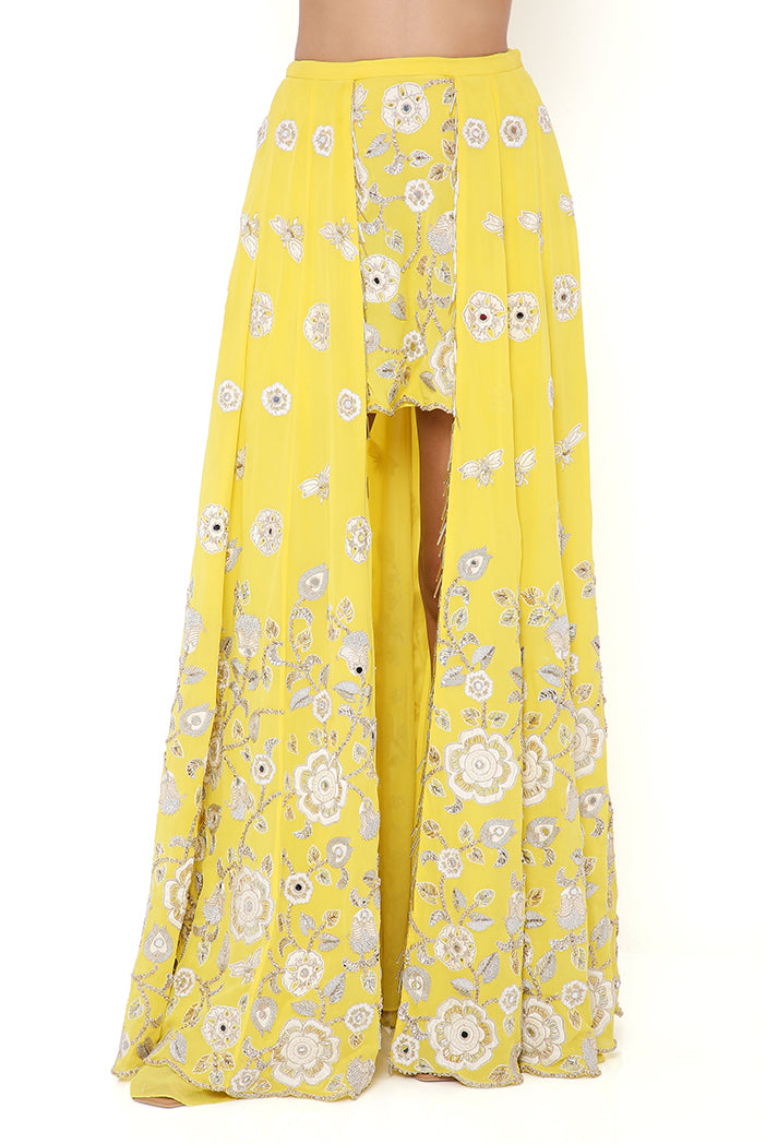 Sarah Yellow Georgette Embroidered Top And Skirt With Mukaish Net Dupatta