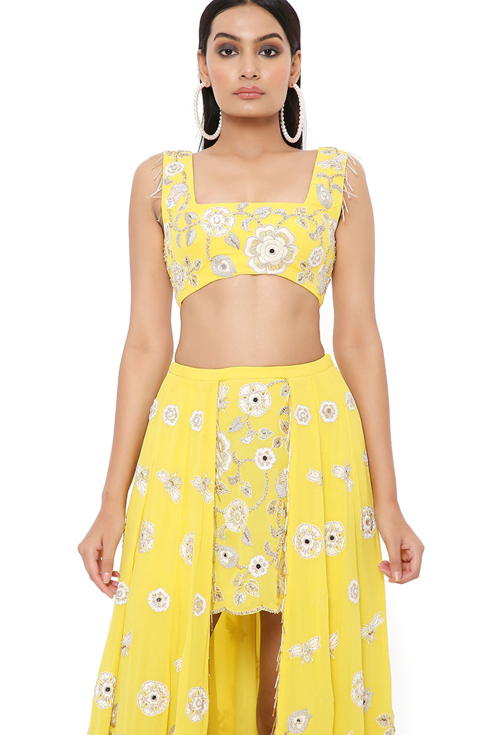 Sarah Yellow Georgette Embroidered Top And Skirt With Mukaish Net Dupatta