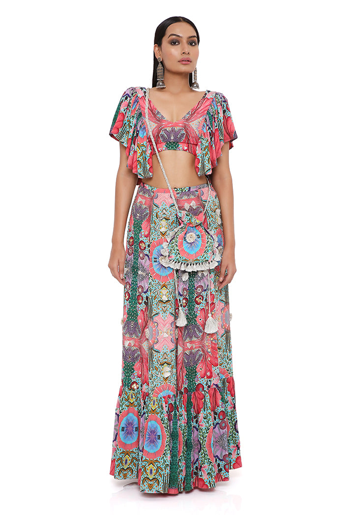 Noelle Red Enchanted Print Crepe Embroidered Top With Frill Hem Skirt