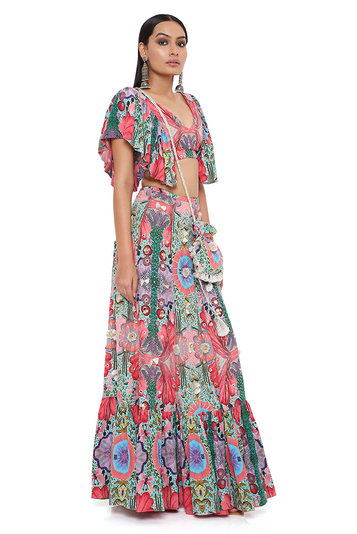 Noelle Red Enchanted Print Crepe Embroidered Top With Frill Hem Skirt