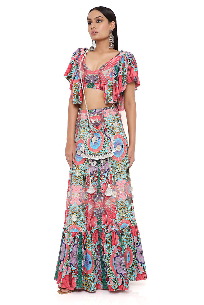 Noelle Red Enchanted Print Crepe Embroidered Top With Frill Hem Skirt