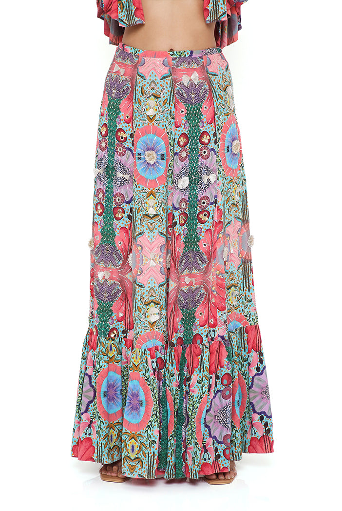 Noelle Red Enchanted Print Crepe Embroidered Top With Frill Hem Skirt