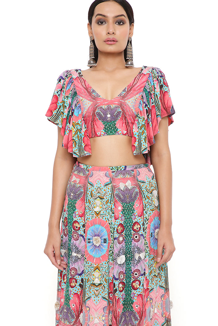 Noelle Red Enchanted Print Crepe Embroidered Top With Frill Hem Skirt