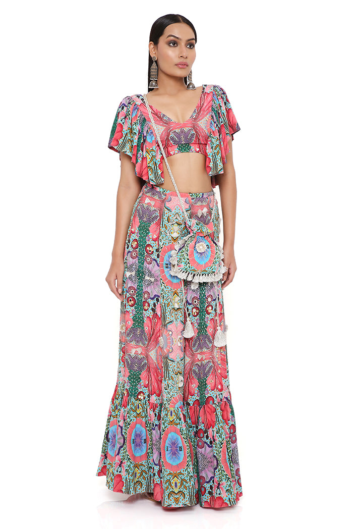 Noelle Red Enchanted Print Crepe Embroidered Top With Frill Hem Skirt