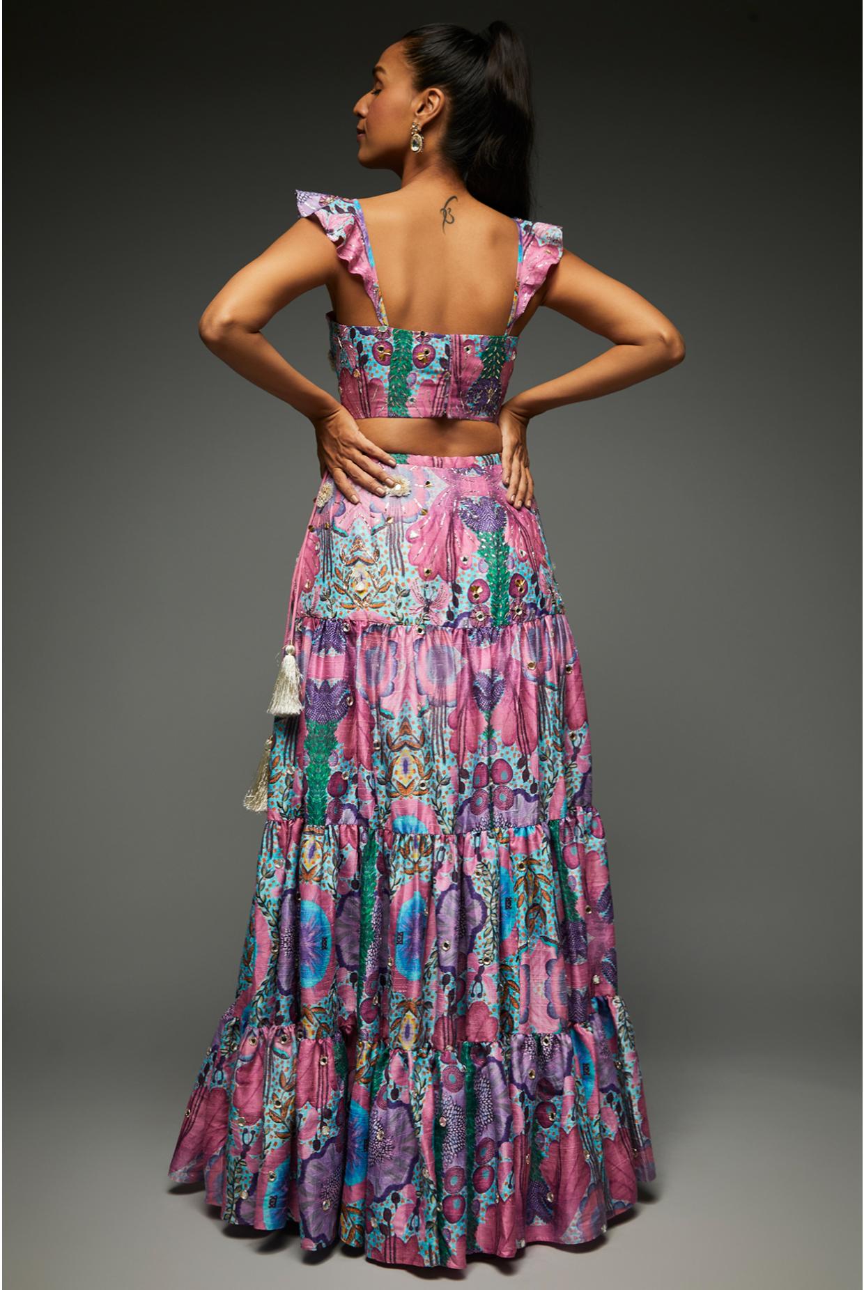 Pink Embroidered Bustier With Layered Skirt