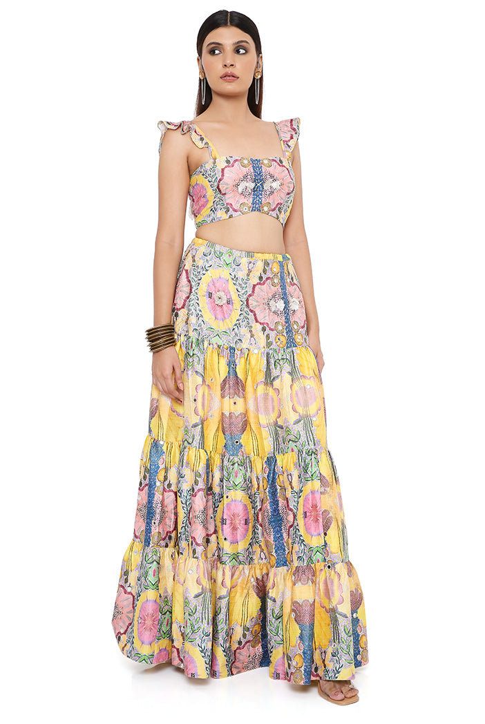 Alice Yellow Enchanted Print Dupion Silk Embroidered Bustier And Layered Skirt