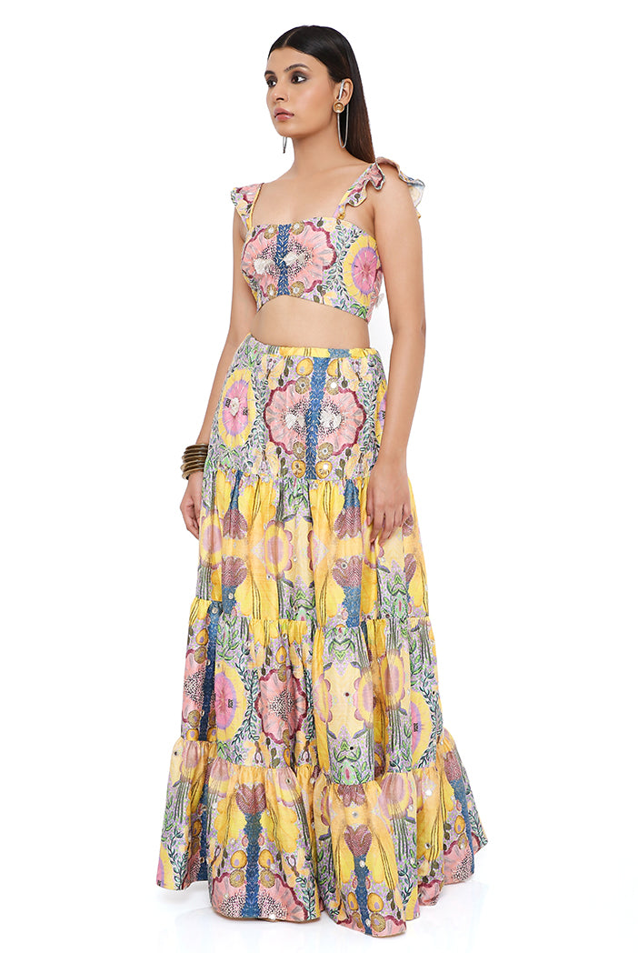 Alice Yellow Enchanted Print Dupion Silk Embroidered Bustier And Layered Skirt