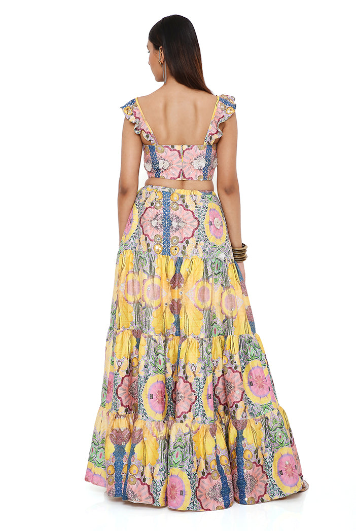 Alice Yellow Enchanted Print Dupion Silk Embroidered Bustier And Layered Skirt