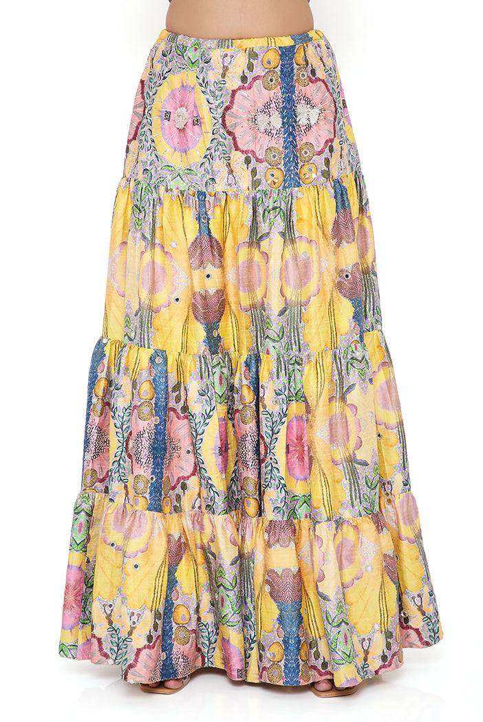 Alice Yellow Enchanted Print Dupion Silk Embroidered Bustier And Layered Skirt