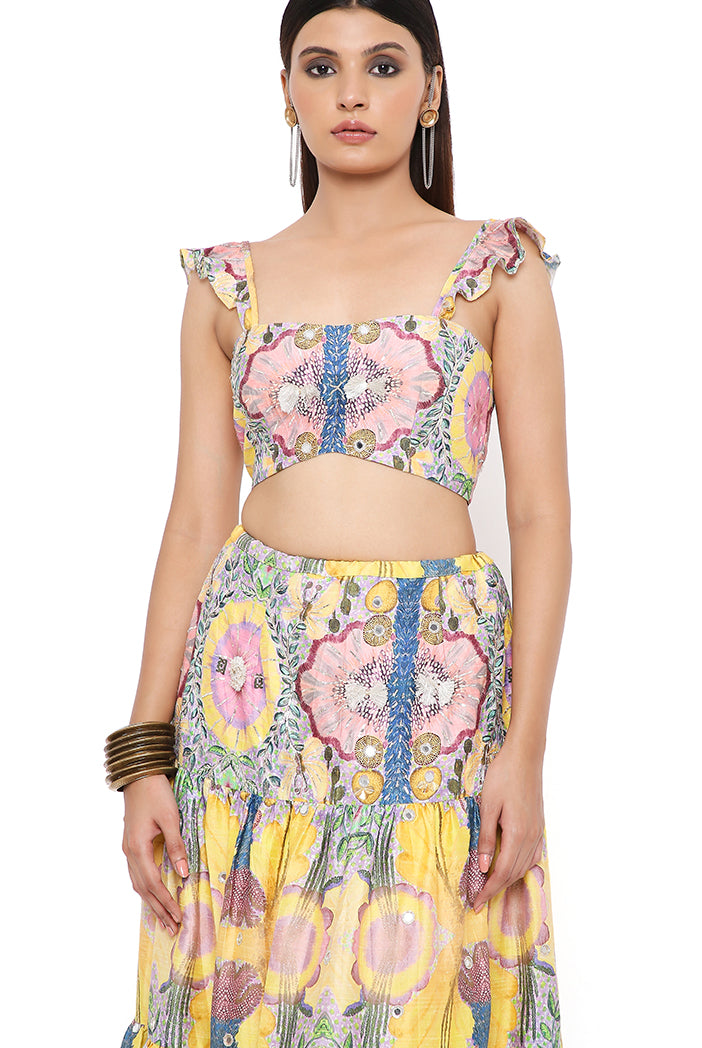 Alice Yellow Enchanted Print Dupion Silk Embroidered Bustier And Layered Skirt