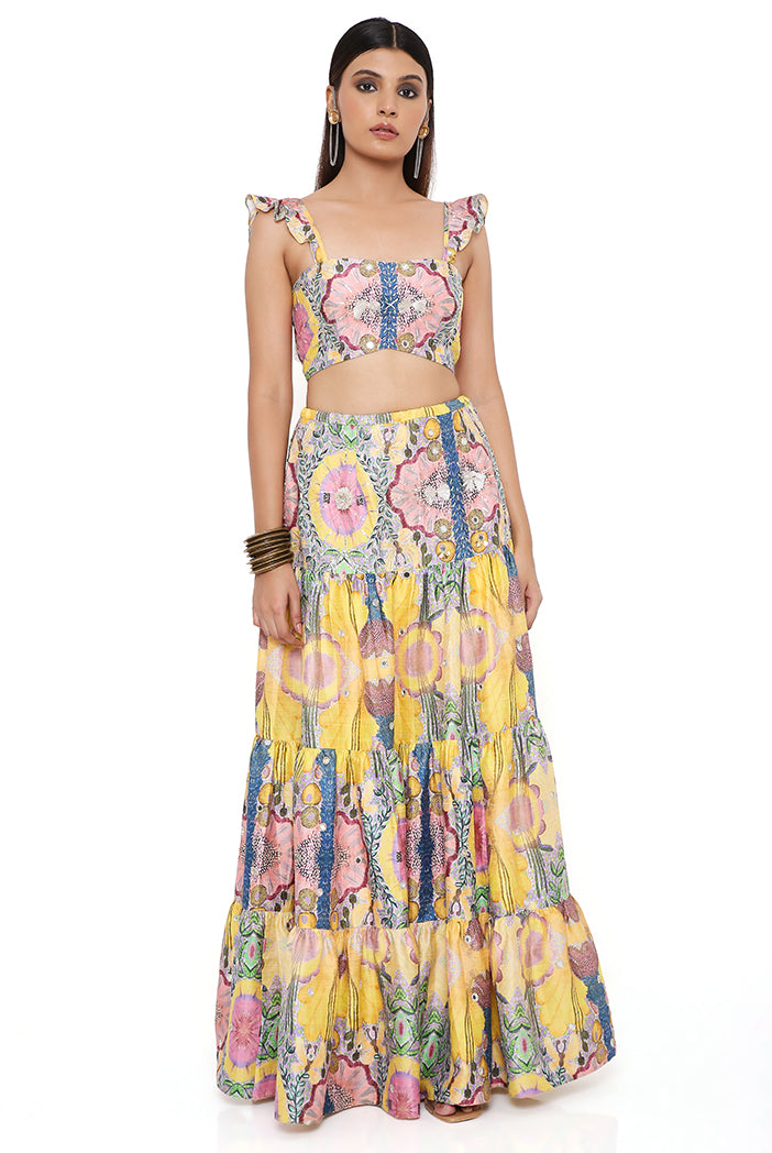 Alice Yellow Enchanted Print Dupion Silk Embroidered Bustier And Layered Skirt