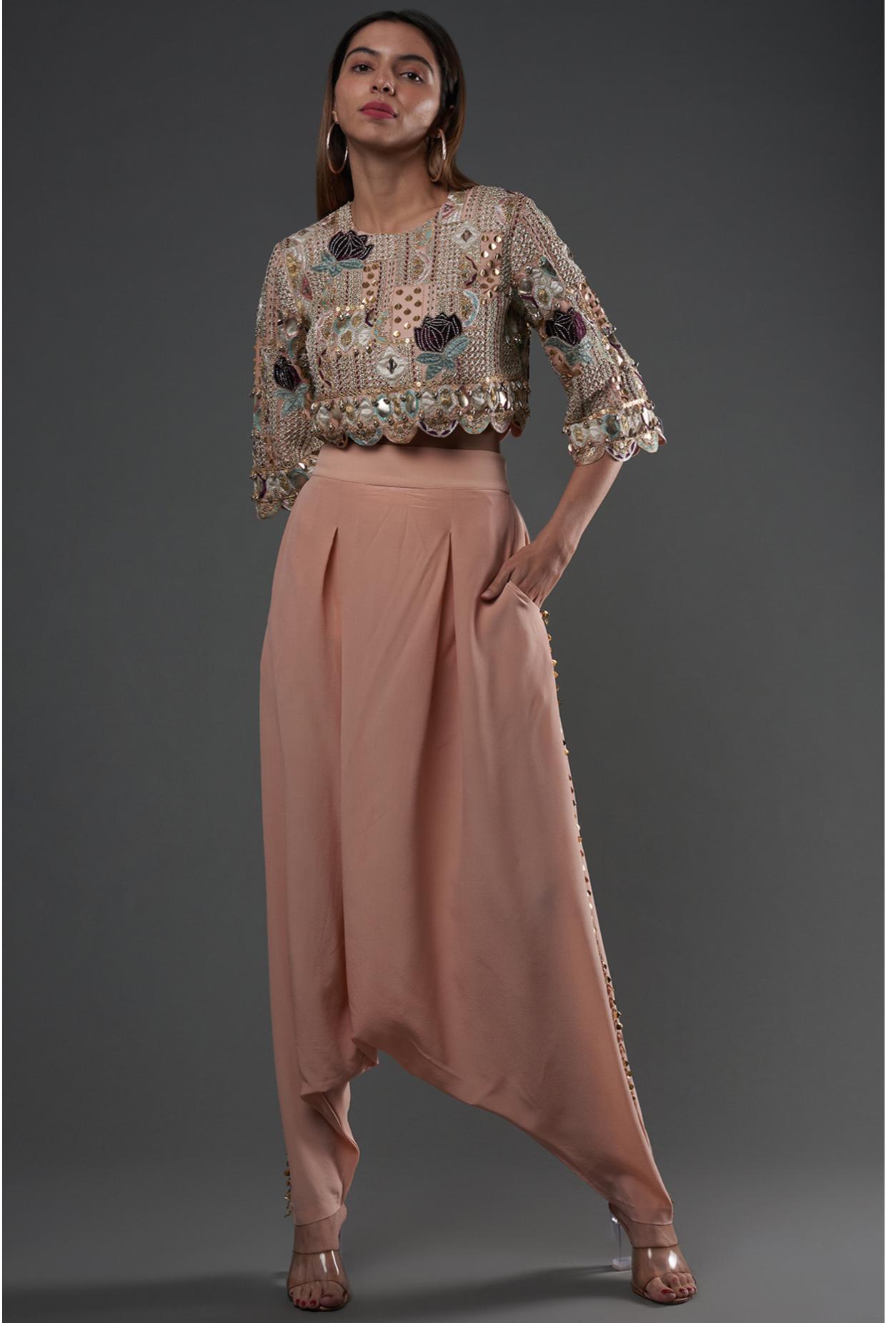 Rose Pink Embroidered Top With Lowcrotch Pant