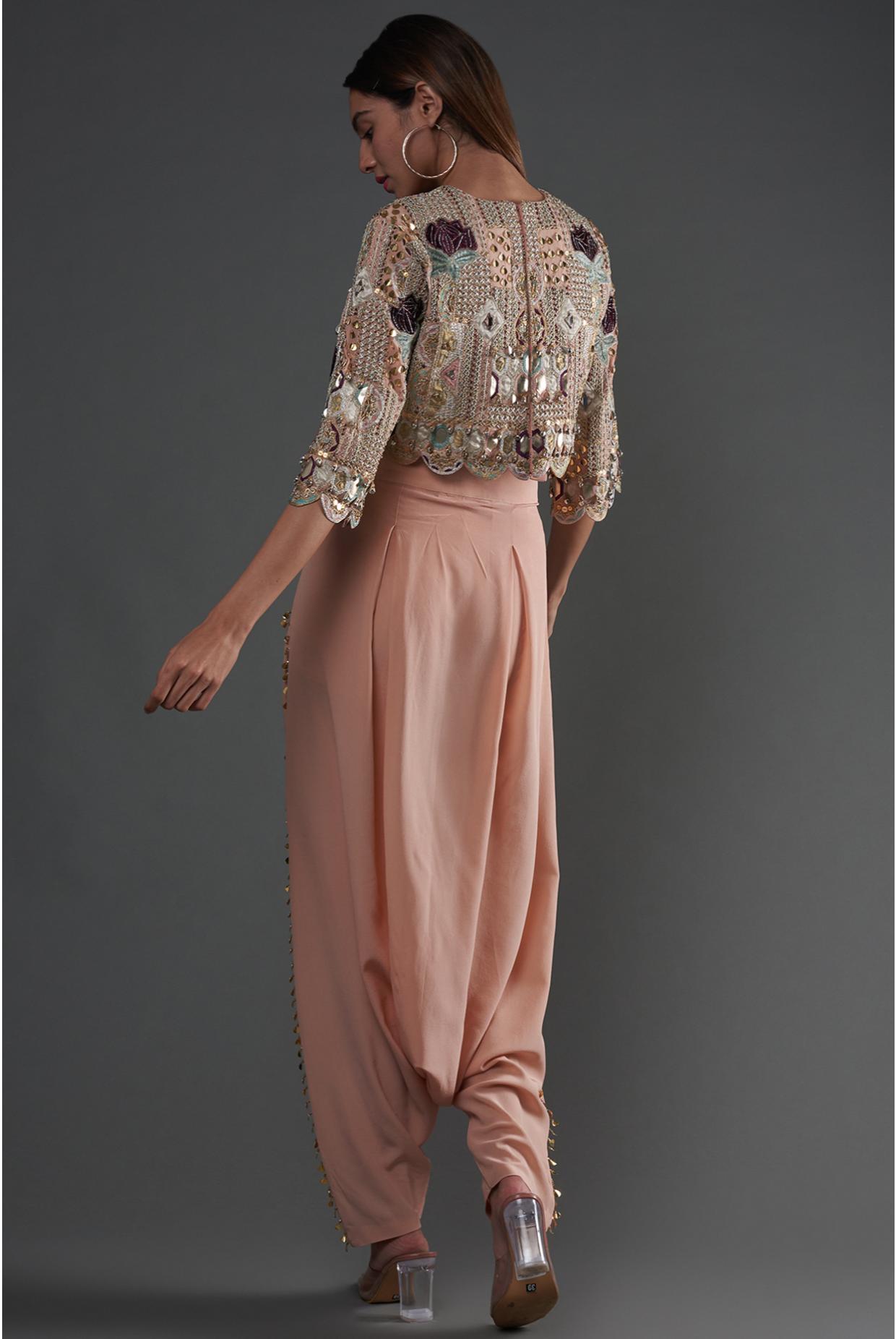 Rose Pink Embroidered Top With Lowcrotch Pant