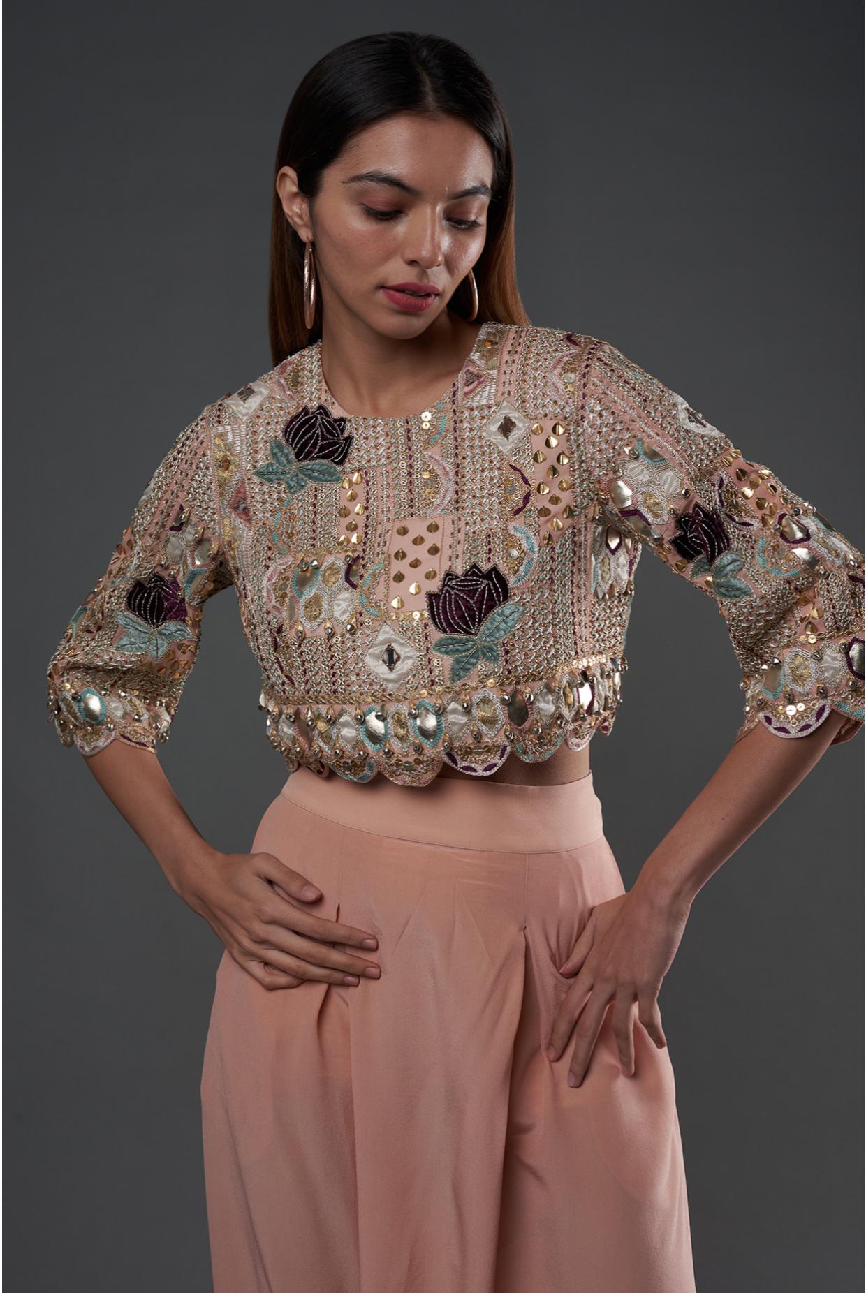 Rose Pink Embroidered Top With Lowcrotch Pant