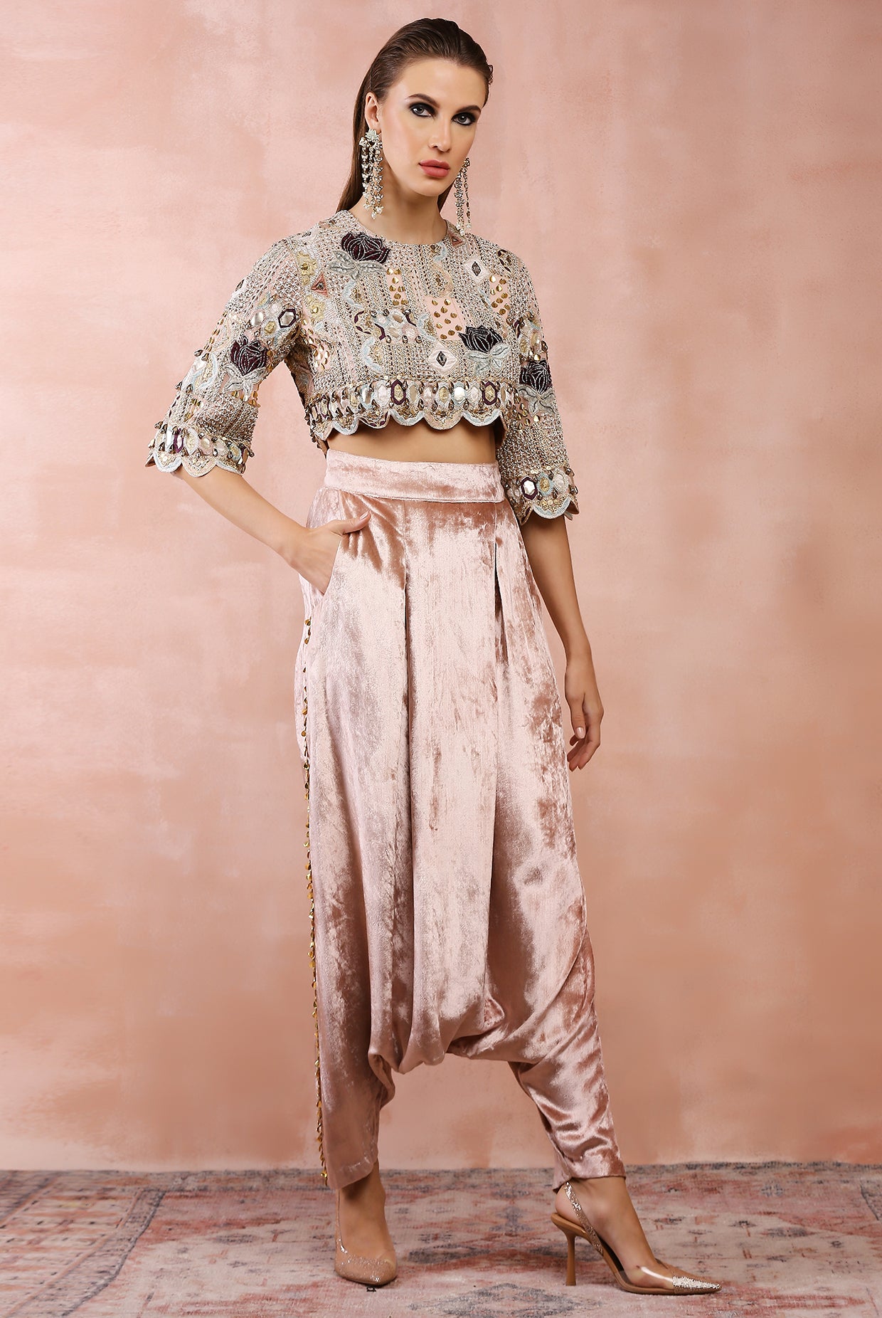Rose Pink Embroidered Top With Lowcrotch Pant
