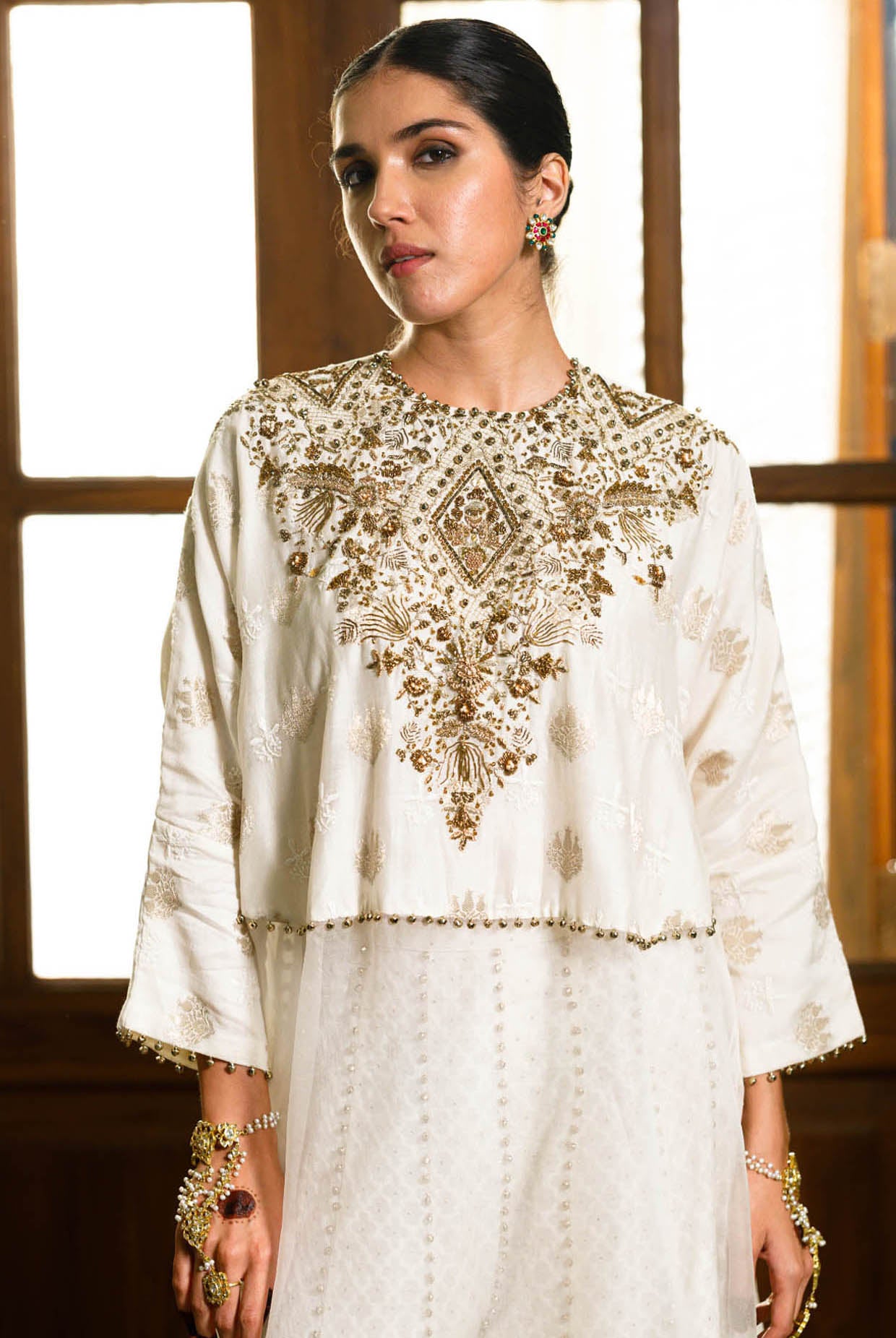 Roha Off White Anarkali Buta Embroidered Raneem Tunic With Sharara